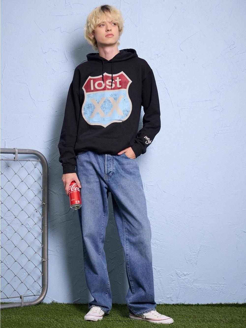 MGK Lost Black Hoodie with Red and Light Blue Shield Graphic